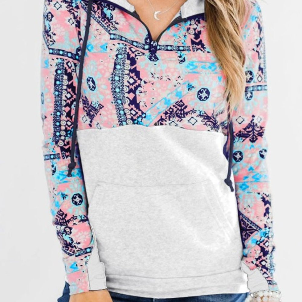 Boho Print Color Block Patchwork Zip Collar Sweatshirt